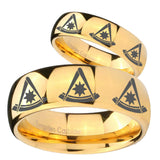 His Hers Multiple Pester Master Masonic Dome Gold Tungsten Mens Wedding Band Set
