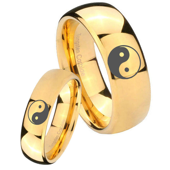 Bride and Groom Yin Yang Dome Gold Tungsten Carbide Wedding Bands Ring Set