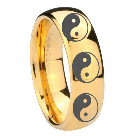 10mm Multiple Yin Yang Dome Gold Tungsten Carbide Mens Anniversary Ring