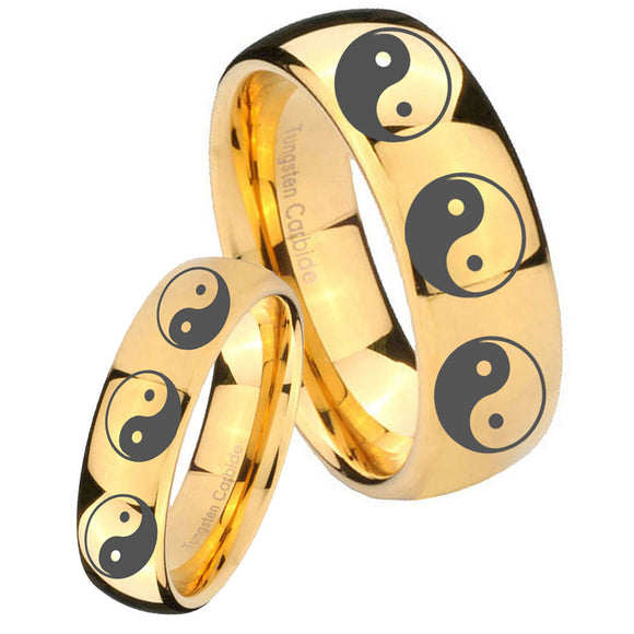 Bride and Groom Multiple Yin Yang Dome Gold Tungsten Carbide Men's Ring Set