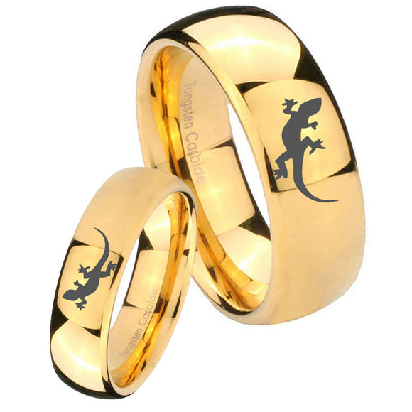 Bride and Groom Lizard Dome Gold Tungsten Carbide Mens Ring Personalized Set