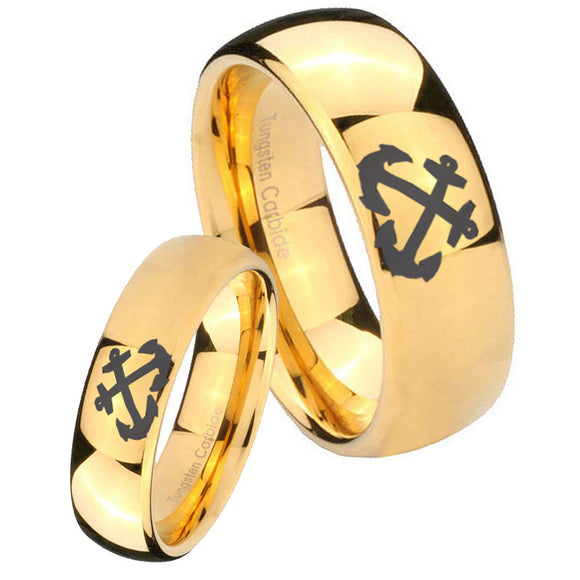 Bride and Groom Anchor Dome Gold Tungsten Carbide Mens Promise Ring Set