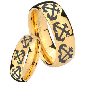 Bride and Groom Multiple Anchor Dome Gold Tungsten Carbide Engraved Ring Set