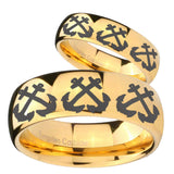 Bride and Groom Multiple Anchor Dome Gold Tungsten Carbide Engraved Ring Set