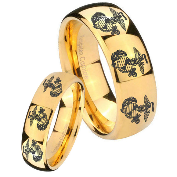 Bride and Groom Multiple Marine Dome Gold Tungsten Carbide Custom Mens Ring Set