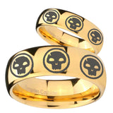 Bride and Groom Multiple Skull Dome Gold Tungsten Carbide Wedding Band Ring Set