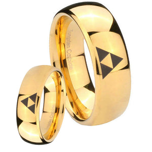 Bride and Groom Zelda Triforce Dome Gold Tungsten Carbide Mens Ring Engraved Set