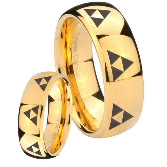 His Hers Multiple Zelda Triforce Dome Gold Tungsten Men's Wedding Ring Set