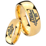 His Her Glossy Dome Air Force 14K Gold IP Tungsten Wedding Rings Set