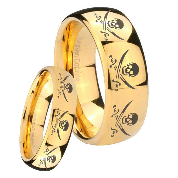 His Hers Multiple Skull Pirate Dome Gold Tungsten Men's Promise Rings Set