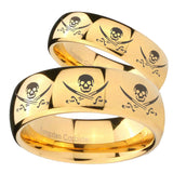 His Hers Multiple Skull Pirate Dome Gold Tungsten Men's Promise Rings Set