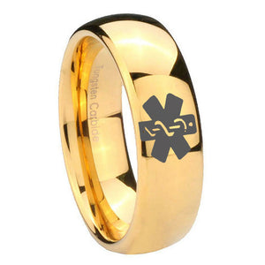 10mm Medical Alert Dome Gold Tungsten Carbide Mens Wedding Ring