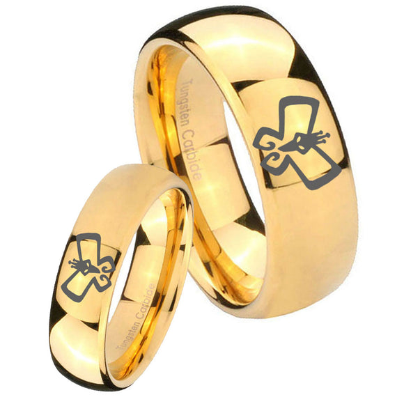Bride and Groom Monarch Dome Gold Tungsten Carbide Personalized Ring Set