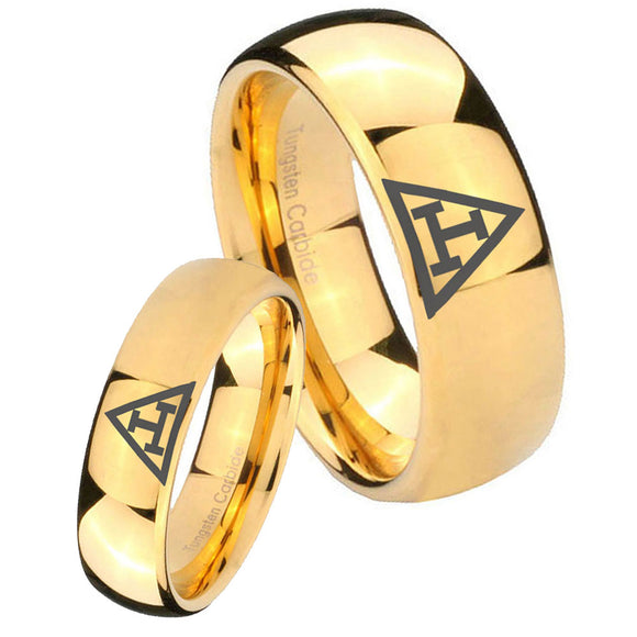 Bride and Groom Masonic Triple Dome Gold Tungsten Carbide Rings for Men Set