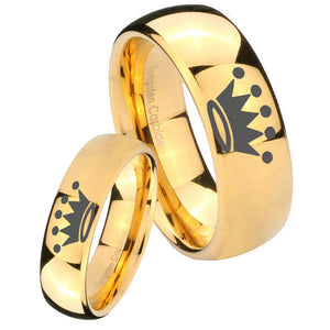 Bride and Groom Crown Dome Gold Tungsten Carbide Mens Ring Set