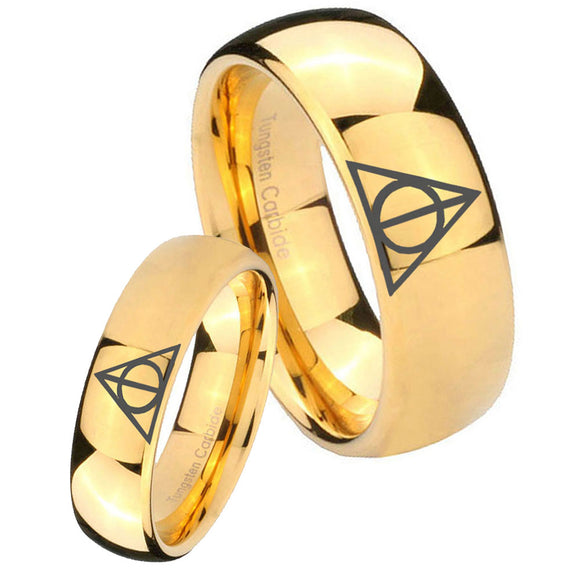 Bride and Groom Deathly Hallows Dome Gold Tungsten Carbide Engraved Ring Set