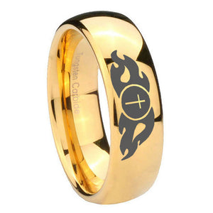 10mm Flamed Cross Dome Gold Tungsten Carbide Men's Wedding Ring