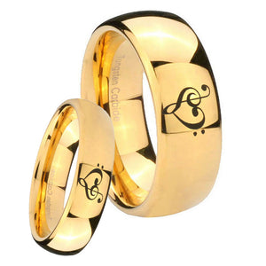 Bride and Groom Music & Heart Dome Gold Tungsten Men's Engagement Band Set