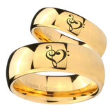 Bride and Groom Music & Heart Dome Gold Tungsten Men's Engagement Band Set