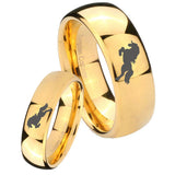 Bride and Groom Horse Dome Gold Tungsten Carbide Men's Ring Set