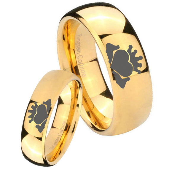 Bride and Groom Claddagh Design Dome Gold Tungsten Men's Promise Rings Set