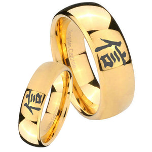 Bride and Groom Kanji Faith Dome Gold Tungsten Carbide Mens Wedding Band Set