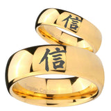 Bride and Groom Kanji Faith Dome Gold Tungsten Carbide Mens Wedding Band Set