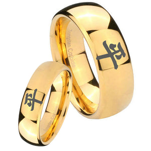 Bride and Groom Kanji Peace Dome Gold Tungsten Carbide Men's Wedding Band Set