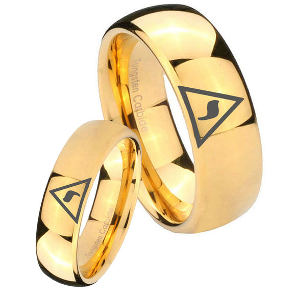 Bride and Groom Masonic Yod Dome Gold Tungsten Carbide Mens Wedding Ring Set