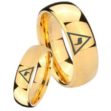Bride and Groom Masonic Yod Dome Gold Tungsten Carbide Mens Wedding Ring Set