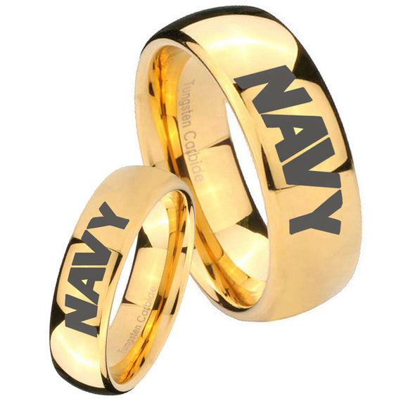 Bride and Groom Navy Dome Gold Tungsten Carbide Men's Engagement Ring Set