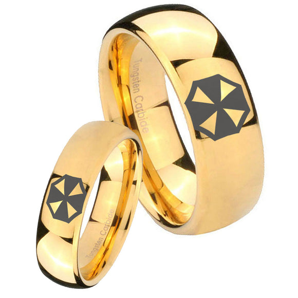 Bride and Groom Resident Evil Dome Gold Tungsten Carbide Mens Ring Set