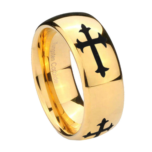 10mm Christian Cross Religious Dome Gold Tungsten Carbide Wedding Band Mens