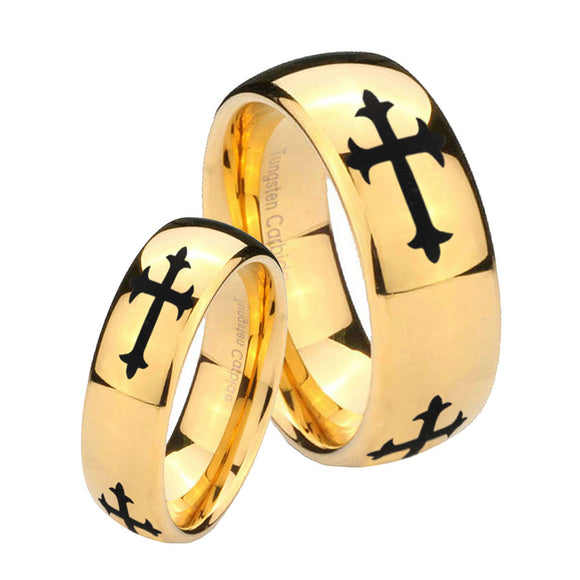 Bride and Groom Christian Cross Religious Dome Gold Tungsten Men's Engagement Ring Set