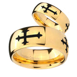 Bride and Groom Christian Cross Religious Dome Gold Tungsten Men's Engagement Ring Set