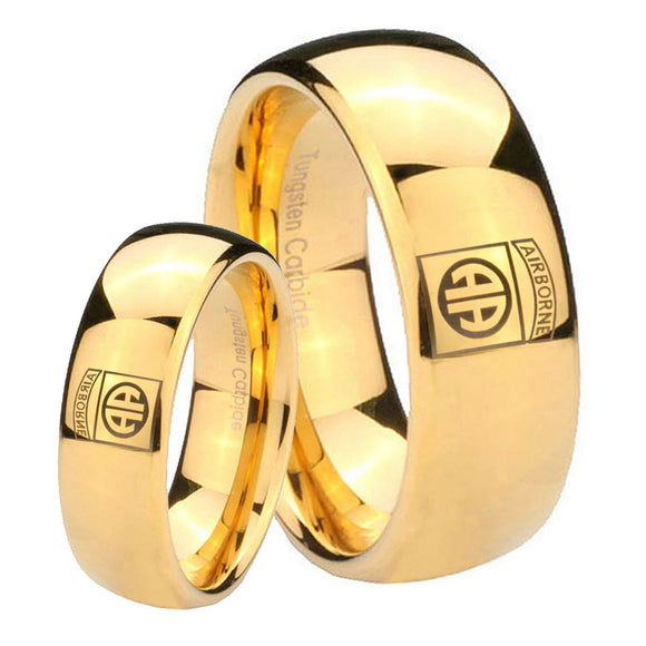 Bride and Groom Army Airborn Dome Gold Tungsten Carbide Wedding Bands Ring Set