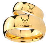 His Her Glossy Dome US Air Force 14K Gold IP Tungsten Wedding Rings Set