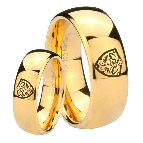 His Hers Zelda Hylian Shield Dome Gold Tungsten Wedding Engagement Ring Set