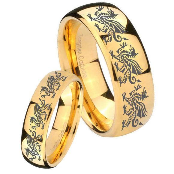 Bride and Groom Multiple Dragon Dome Gold Tungsten Carbide Mens Bands Ring Set