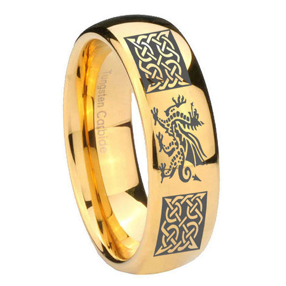 10mm Multiple Dragon Celtic Dome Gold Tungsten Carbide Mens Ring Engraved