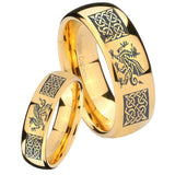 His and Hers Multiple Dragon Celtic Dome Gold Tungsten Mens Wedding Ring Set