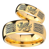 His and Hers Multiple Dragon Celtic Dome Gold Tungsten Mens Wedding Ring Set