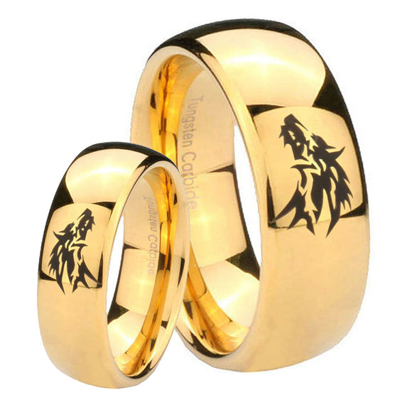 Bride and Groom Wolf Dome Gold Tungsten Carbide Men's Ring Set