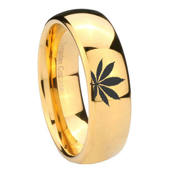 10mm Marijuana Leaf Dome Gold Tungsten Carbide Mens Bands Ring