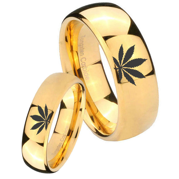 Bride and Groom Marijuana Leaf Dome Gold Tungsten Carbide Mens Bands Ring Set