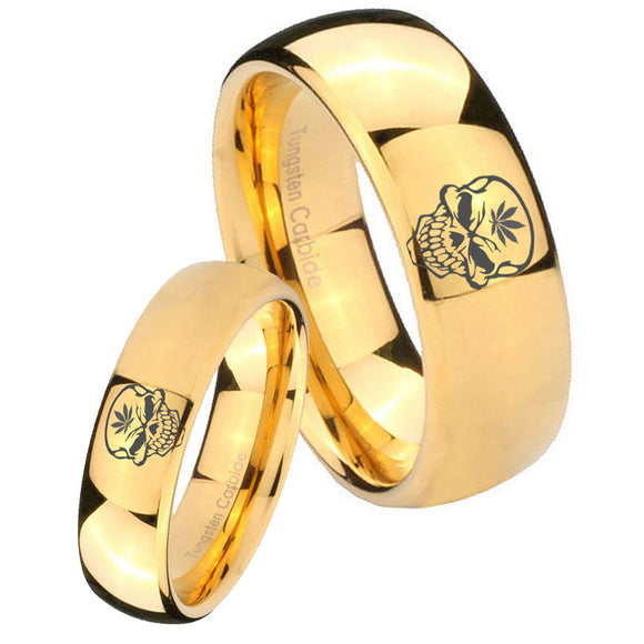 His Hers Skull Marijuana Leaf  Dome Gold Tungsten Mens Engagement Band Set