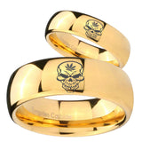 His Hers Skull Marijuana Leaf  Dome Gold Tungsten Mens Engagement Band Set