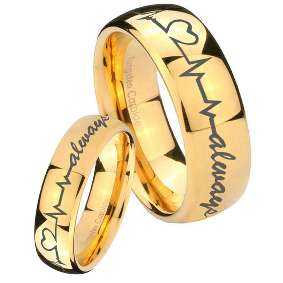 His Hers Heart Beat forever Heart always Dome Gold Tungsten Men's Band Set