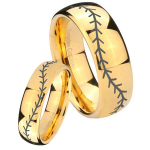 Bride and Groom Baseball Stitch Dome Gold Tungsten Men's Engagement Ring Set