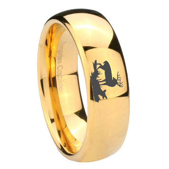 10mm Deer Hunting Dome Gold Tungsten Carbide Mens Ring Engraved